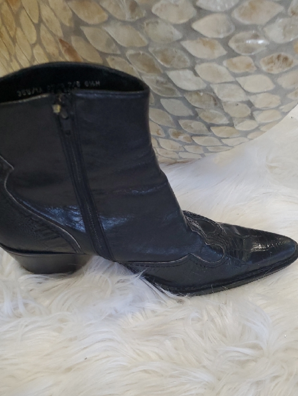 Franco Sarto Black Pointed Leather Ankle Booties with Embossed Toe - Picture 12 of 14